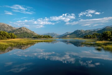 Fototapeta premium Serene landscape with a tranquil lake reflecting surrounding mountains and sky, framed by lush green slopes and gentle clouds, complemented by grasses and shrubs along the water's edge