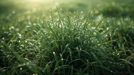 A close-up of green grass with dew drops in the morning sunlight.