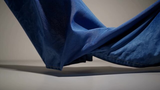 realistic 4k close up blue denim fabric rotating under soft light showing folds textures shades muted indigo symbolizing sustainable fashion textile recycling eco friendly fabric production design