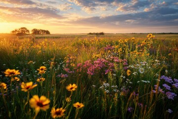 Beautiful blooming meadow filled with colorful wildflowers under a serene sky, showcasing vibrant yellows, purples, and whites amidst lush greenery, evoking tranquility and harmony at sunset
