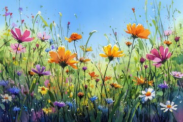 Colorful summer flower garden with vibrant blooms in orange, pink, purple, and white surrounded by greenery, contrasting a bright blue sky, creating a joyful and fresh atmosphere