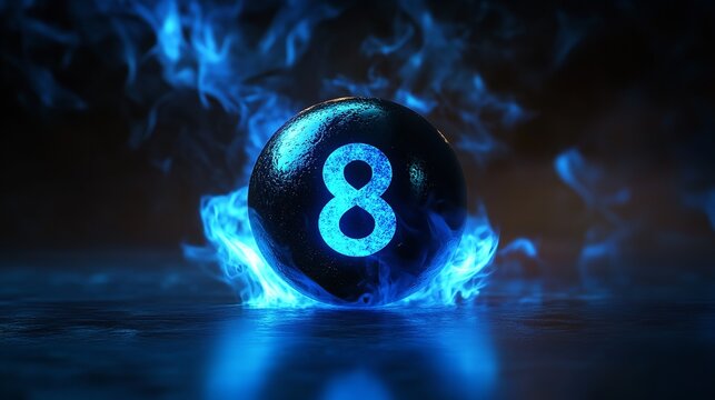 A magic eight ball surrounded by mystical blue flames, with the number eight glowing against a dark