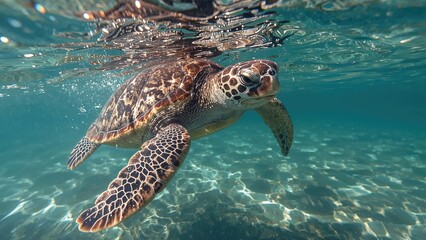 Obraz premium Turtle swimming underwater with a clear view of its shell and flippers. Ocean and marine life, concept. Underwater photography of sea turtles.