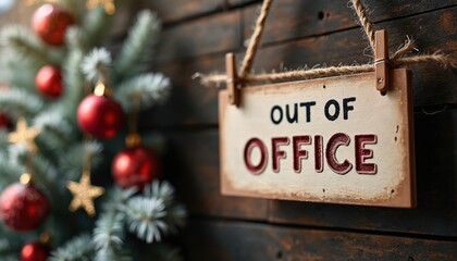 Fototapeta na wymiar Festive Out of Office sign hangs on wooden wall. Christmas tree decorated with ornaments visible. Holiday cheer, jolly mood, seasonal greeting, company notice, workplace rest, family break