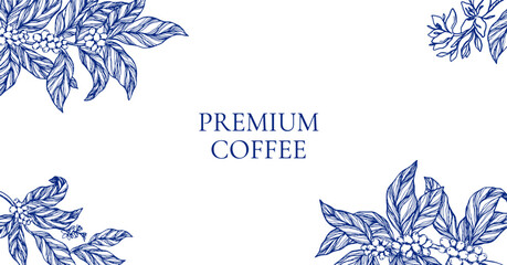 Elegant vector frame coffee plant branches, leaves, flowers, and berries in classic toile de jouy style. Perfect template for coffee packaging, label, branding, cafe menu, and premium product design.