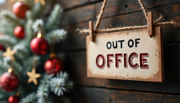 Festive Out of Office sign hangs on wooden wall. Christmas tree decorated with ornaments visible. Holiday cheer, jolly mood, seasonal greeting, company notice, workplace rest, family break