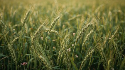 Obraz premium Wheat field at sunset with green stalks and mature heads, lush and ripe for harvest. Agricultural landscape, crops, farming. The concept of agriculture and harvest.