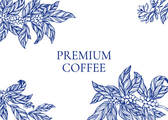 Elegant vector frame coffee plant branches, leaves, flowers, and berries in classic toile de jouy style. Perfect template for coffee packaging, label, branding, cafe menu, and premium product design.