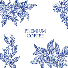 Elegant vector frame coffee plant branches, leaves, flowers, and berries in classic toile de jouy style. Perfect template for coffee packaging, label, branding, cafe menu, and premium product design.