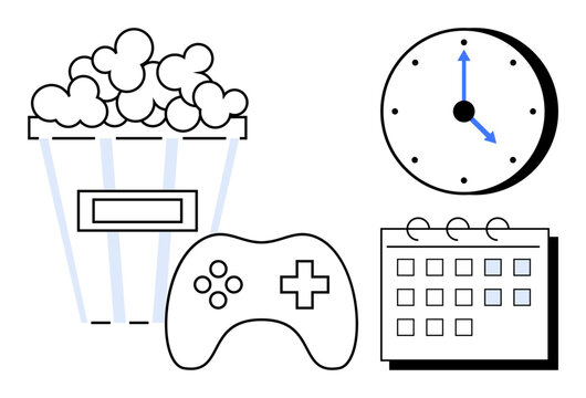 Popcorn box, gaming controller, clock, and calendar highlight leisure, entertainment, time management, and event scheduling. Ideal for recreation, productivity planning hobbies relaxation - Powered by Adobe