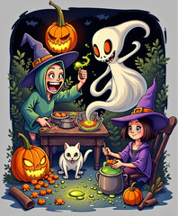 halloween, calabaza, bruja, dibujos animados, vacaciones, luna, otoñal, ilustración, noche, bate, vector, asustadizo, alarmante, horror, octubre, celebraciones, árbol, fiesta, gorros, castillo
