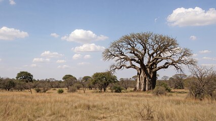Obraz premium A large baobab tree in a savanna landscape with scattered trees and clouds in the sky.