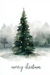 Watercolor Christmas tree with gold stars in misty snowed forest and Merry Christmas text