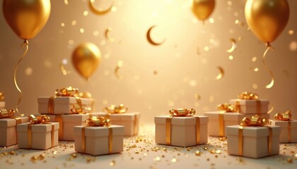 Group of golden gift boxes with ribbons and balloons decorate festive scene. Moon crescents and confetti add sparkle. Celebratory mood for holiday event.