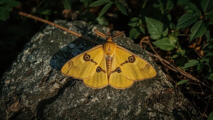 A yellow moth (species) resting on a rock with green foliage in the background.