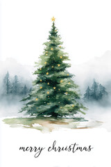 Watercolor Christmas tree with gold stars in misty snowed forest and Merry Christmas text