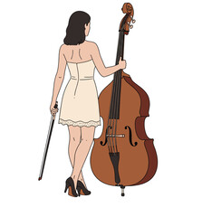 Minimalist vector illustration of an elegant woman musician in a dress holding a double bass and bow, seen from behind