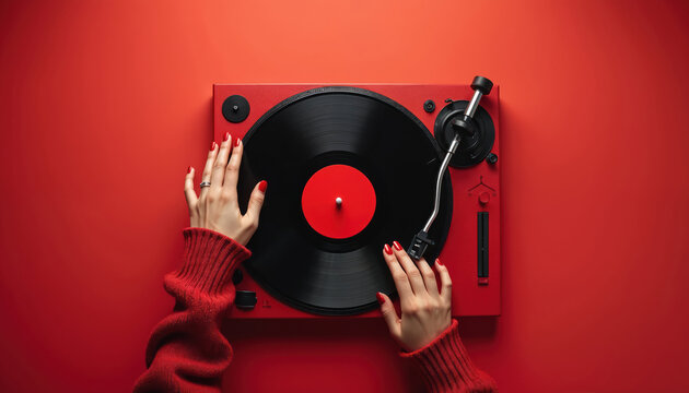 Hands with red nails adjust black vinyl record on red turntable. Enjoying retro music from analog player with red background. Vintage vibe for party or listening session.