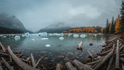 Landscape of a lake with icebergs, forest, mountains, and cloudy sky during autumn. Nature scene with water, trees, and mountainous scenery.