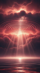 Luminous hand over ocean under firmament, concept of divine creation from genesis for religious themes.