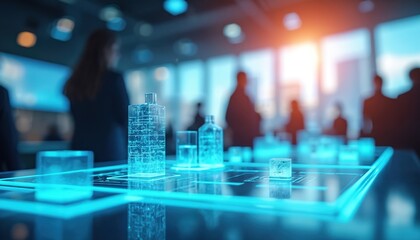 Futuristic tech display shows holographic models in conference hall. People attend business meeting with innovative products. Bright light shines from window.
