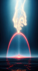 Luminous hand over ocean under firmament, concept of divine creation from genesis for religious themes.