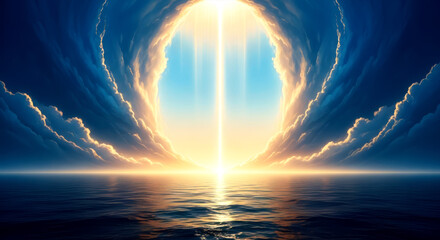 Luminous hand over ocean under firmament, concept of divine creation from genesis for religious themes.