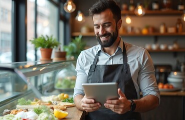 Smiling man in apron at cafe uses tablet. Male owner enjoys work with food display. Happy business person checking orders in modern coffee shop. Tech use for restaurant business
