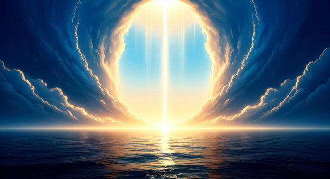 Luminous hand over ocean under firmament, concept of divine creation from genesis for religious themes.