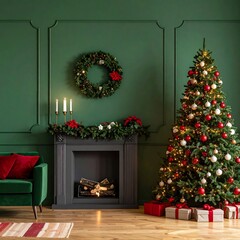 A cozy living room decorated for Christmas. A green wall features a wreath and candles. A Christmas tree adorned with ornaments stands beside a fireplace, surrounded by gifts.