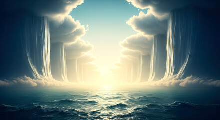 Ocean under silver clouds with golden glow, representing heaven and biblical creation day two.