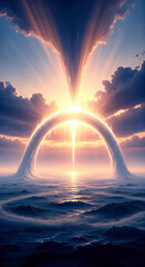 Golden arch rises from water to the sky in divine light, representing genesis day two and biblical creation.