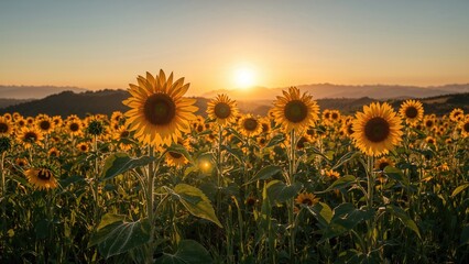 Sunflower field at sunset with the sun setting behind the horizon, vibrant yellow flowers, and a clear sky. Nature and agricultural landscape scene.