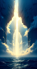 Parted cloud canyons meet golden light over vast azure sea, illustrating genesis day two and biblical creation.