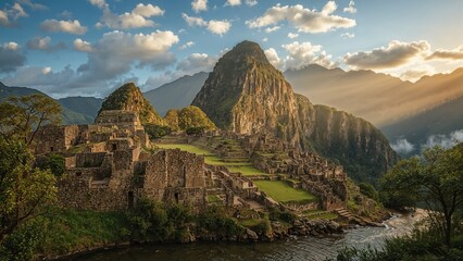 Ancient ruins of Machu Picchu with mountains and lush greenery in the background during sunset. Historical site and archaeological marvel. Travel and cultural heritage. The concept of tourism and h...