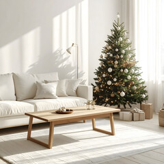 A cozy living room decorated for Christmas. A Scandinavian-style Christmas tree stands beside a modern sofa and wooden coffee table. Gifts are neatly arranged underneath the tree.