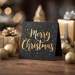 Black and gold tabletop Christmas sign or card mockup with blurred background with a Merry Christmas text