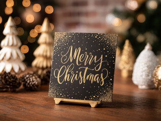 Black and gold tabletop Christmas sign or card mockup with blurred background with a Merry Christmas text