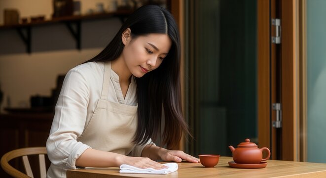 Young Asian woman in an apron cleaning a table in a teahouse. Waitress preparing for service with a traditional clay tea set