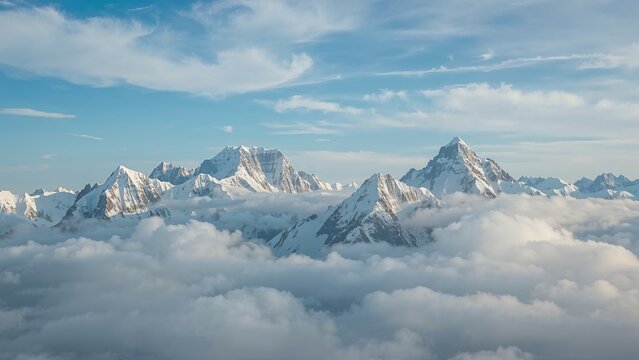Snow-capped mountains from above the clouds with a bright sky. Nature landscape, mountain range, scenic view. - Powered by Adobe
