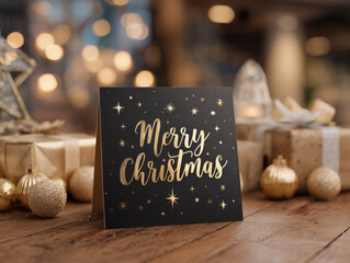 Black and gold tabletop Christmas sign or card mockup with blurred background with a Merry Christmas text