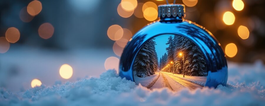 Blue Christmas bauble reflects snowy forest road with street lights. Lights twinkle in soft bokeh background. Festive winter scene captures holiday travel and home spirit. - Powered by Adobe