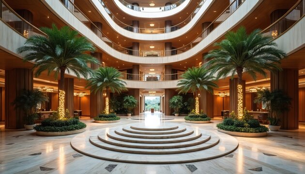 Grand hotel interior with multi-level balconies, marble floors, large palm trees. Features elegant lighting, tiered steps leading to central walkway, abundant indoor plants. Offers luxurious,