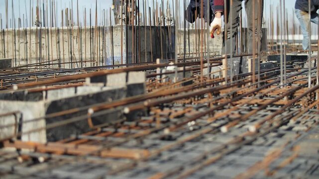 Rebar framework on construction site floor slab