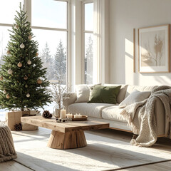 A cozy living room decorated for Christmas. A green Christmas tree stands beside a wooden coffee table. Soft blankets and candles add warmth to the space.
