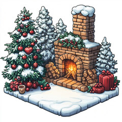 Cozy Christmas Scene with Christmas Tree and Fireplace in Festive Mood Representing Holiday Cheer isolated on white background