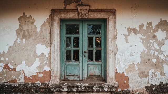 Worn old door with peeling paint set in a cracked and weathered wall, vintage architectural style. - Powered by Adobe