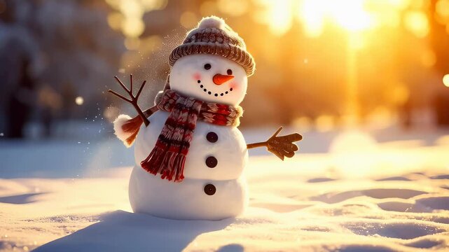 A cheerful snowman wearing a knitted hat and scarf stands in a sunny, snowy field, raising its stick arm in a salute or wave. Perfect for Christmas, winter fun, and holiday greetings on social media.