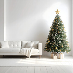 A beautifully decorated Christmas tree stands in a bright room. The tree features gold and white ornaments, topped with a star. A cozy white sofa is nearby.
