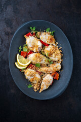 Traditional barbecue Greek calamari with herb and lemon served as top view on a design plate